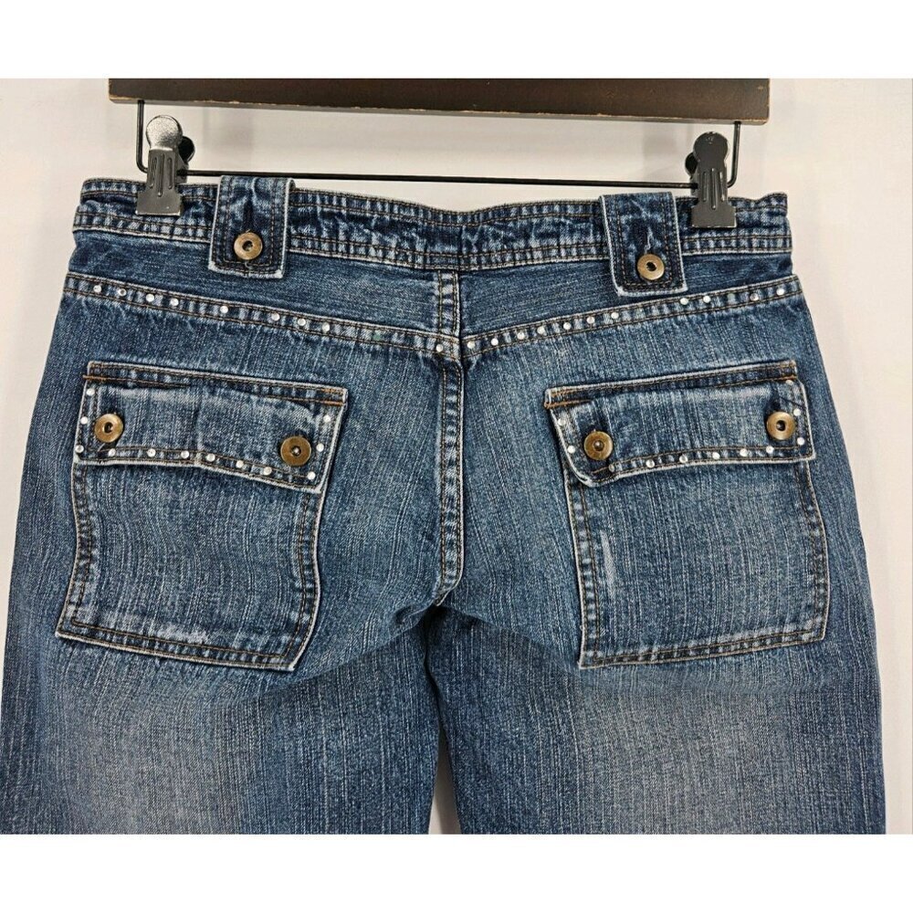 Tenghong Women 30" Waist Relaxed Fit Dark Wash Drawstring Hem Studded Highlights - Picture 6 of 6